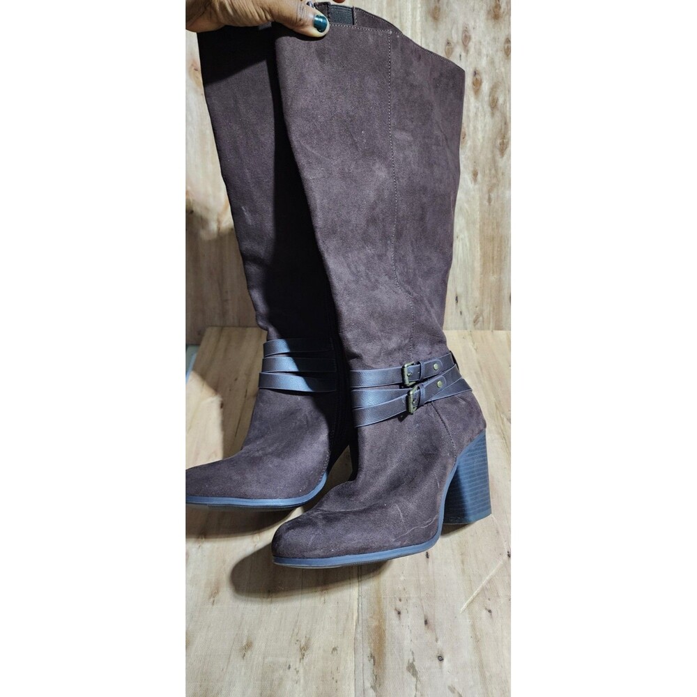 TORRID Brown Suede Wide Calf Boots with Buckle, Size 10WW